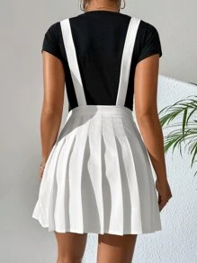 SHEIN Qutie 素色百褶背帶半身裙 - 白色 - 查看 4