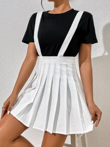 SHEIN Qutie 素色百褶背帶半身裙 - 白色 - 查看 5