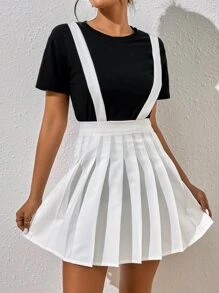 SHEIN Qutie 素色百褶背帶半身裙 - 白色 - 查看 6