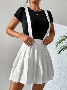 SHEIN Qutie 素色百褶背帶半身裙 - 白色 - 查看 1