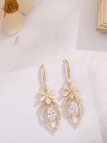 Rhinestone & Flower Drop Earrings - Yellow Gold - View 2