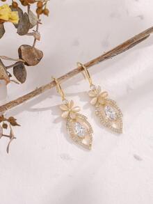 Rhinestone & Flower Drop Earrings - Yellow Gold - View 5