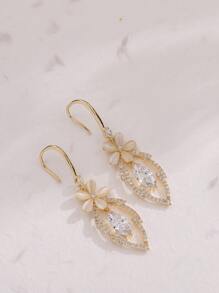 Rhinestone & Flower Drop Earrings - Yellow Gold - View 1