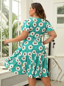 Plus Floral Print Butterfly Sleeve Belted Dress - Mint Blue - View 2