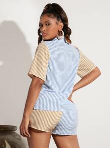 SHEIN SXY Colorblock Striped Print Patched Pocket Shirt & Shorts - Multicolor - View 2