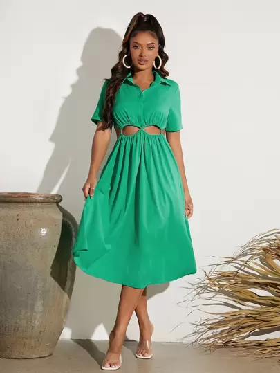 SHEIN SXY 素色前紐扣襯衫連衣裙