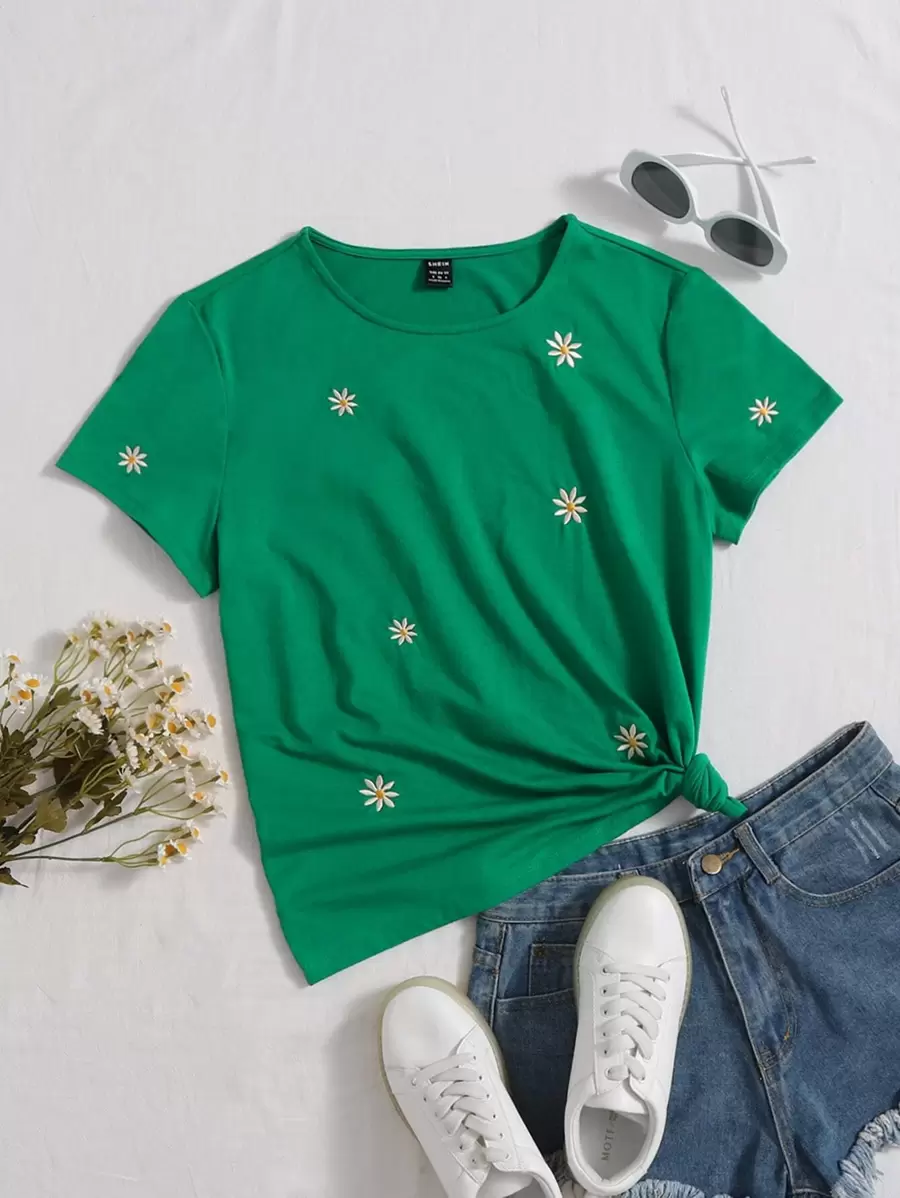 SHEIN EZwear 花卉刺繡短袖t恤