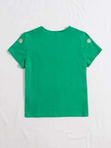 SHEIN EZwear 花卉刺繡短袖t恤 - 綠色 - 查看 3