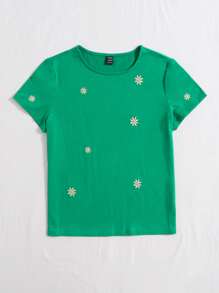 SHEIN EZwear 花卉刺繡短袖t恤 - 綠色 - 查看 4