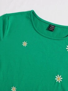 SHEIN EZwear 花卉刺繡短袖t恤 - 綠色 - 查看 5