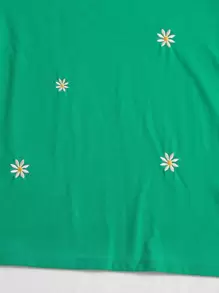 SHEIN EZwear 花卉刺繡短袖t恤 - 綠色 - 查看 6