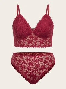 Set de lencería con encaje floral - Burdeos - Ver 1
