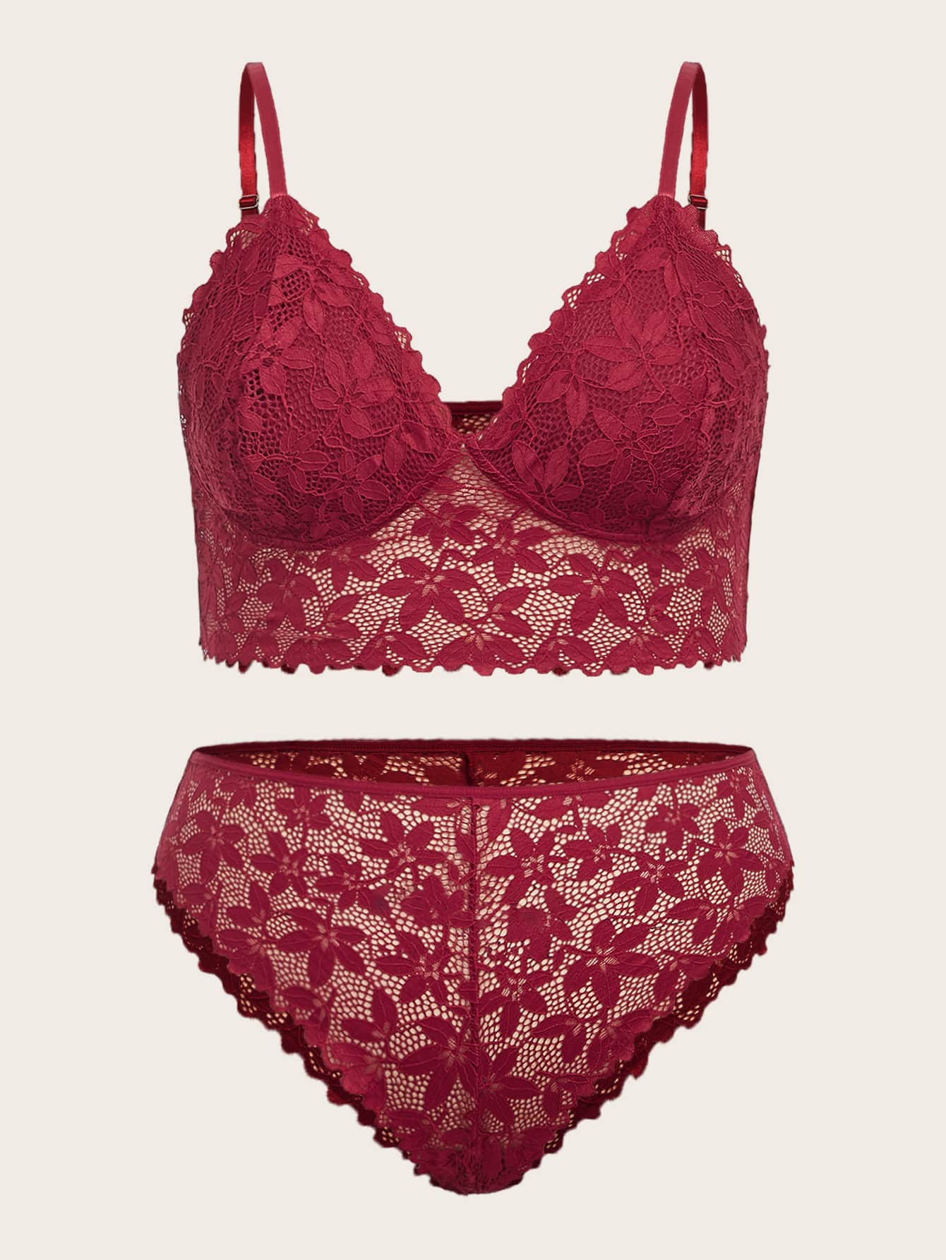 Set de lencería con encaje floral - Burdeos - Ver 1