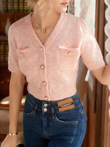 Knit Mix Button Front Dual Pocket Cardigan - Baby Pink - View 6