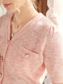 Knit Mix Button Front Dual Pocket Cardigan - Baby Pink - View 4