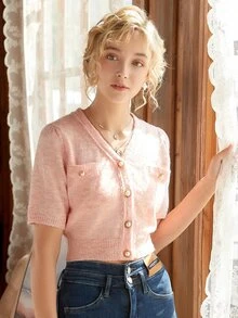 Knit Mix Button Front Dual Pocket Cardigan - Baby Pink - View 3