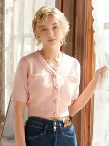 Knit Mix Button Front Dual Pocket Cardigan - Baby Pink - View 1