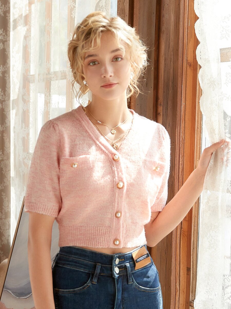 Knit Mix Button Front Dual Pocket Cardigan - Baby Pink - View 1