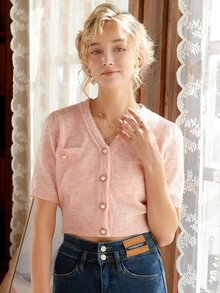 Knit Mix Button Front Dual Pocket Cardigan - Baby Pink - View 7