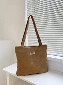 Solid Color Corduroy Shoulder Tote Bag, Suitable For Women Everyday Use, School Supplies, School Bag, School Handbag, School Tote Bag, School Bookbag, Back To School Bags, Large Capacity, Lightweight, Portable, Foldable, Classic Casual, Suitable For Teen Girls Women College Students, Perfect For Back To School, First Day Of School, Middle School, High School, Tote Bags For Women, College Essentials, New Autumn And Winter Women Bag, Best Fall Purse, Perfectly Matching With Fall Outfits Women - Khaki - View 3