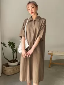 DAZY 落肩袖前紐扣襯衫連衣裙 - 卡其色 - 查看 1