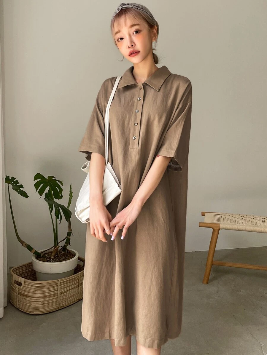 DAZY 落肩袖前紐扣襯衫連衣裙 - 卡其色 - 查看 1