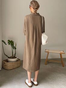 DAZY 落肩袖前紐扣襯衫連衣裙 - 卡其色 - 查看 2
