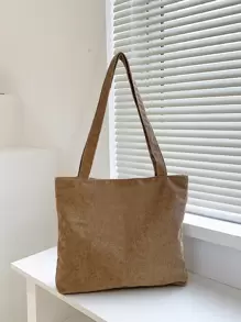 Solid Color Corduroy Shoulder Tote Bag, Suitable For Women Everyday Use, School Supplies, School Bag, School Handbag, School Tote Bag, School Bookbag, Back To School Bags, Large Capacity, Lightweight, Portable, Foldable, Classic Casual, Suitable For Teen Girls Women College Students, Perfect For Back To School, First Day Of School, Middle School, High School, Tote Bags For Women, College Essentials, New Autumn And Winter Women Bag, Best Fall Purse, Perfectly Matching With Fall Outfits Women - Khaki - View 4