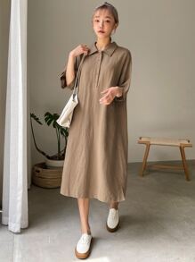 DAZY 落肩袖前紐扣襯衫連衣裙 - 卡其色 - 查看 4