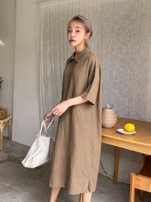 DAZY 落肩袖前紐扣襯衫連衣裙 - 卡其色 - 查看 6