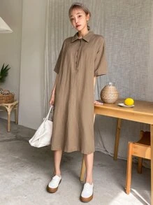 DAZY 落肩袖前紐扣襯衫連衣裙 - 卡其色 - 查看 8