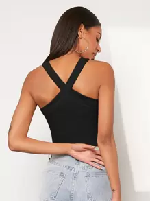 SHEIN EZwear Áo crop top đan dây sườn, đi chơi - màu đen - Xem 3