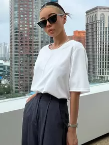 DAZY Solid Drop Shoulder Tee - White - View 7