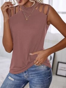 Keyhole Back Cutout Detail Tank Top - Dusty Pink - View 3