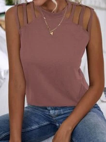Keyhole Back Cutout Detail Tank Top - Dusty Pink - View 4