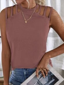 Keyhole Back Cutout Detail Tank Top - Dusty Pink - View 6
