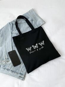 Fashionable Butterfly Pattern And Letter Printed Shopping Bag School Bag,Large Capacity,Classic Casual,Foldable,Portable, Suitable For Teen Girls Women College Students, Perfect For Back To School,Shopping,Middle School, High School,College, Butterfly Bag Valentines