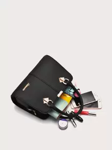 Waterproof,Lightweight,Business Casual Metal Letter Detail Tote Bag With Bag Charm For Teen Girls Women College Students,Rookies & White-collar Workers Perfect for Office,College,Work ,Business,Commute - Black - View 7