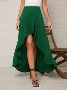 SHEIN VCAY 高腰高低下擺半身裙 - 綠色 - 查看 1