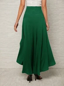 SHEIN VCAY 高腰高低下擺半身裙 - 綠色 - 查看 2