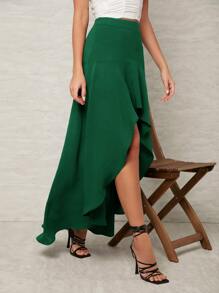 SHEIN VCAY 高腰高低下擺半身裙 - 綠色 - 查看 3