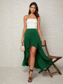 SHEIN VCAY 高腰高低下擺半身裙 - 綠色 - 查看 4