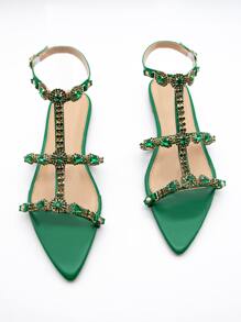 Glamorous Party Comfy Sandals for Women, Rhinestone Decor Artificial Leather Open Toe Ankle Strap Sandals - Green - View 2