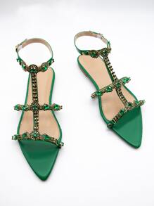 Glamorous Party Comfy Sandals for Women, Rhinestone Decor Artificial Leather Open Toe Ankle Strap Sandals - Green - View 4