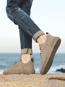 男士贴花前系带滑板鞋步行滑板鞋针织运动鞋系带厚底运动鞋男士街头服饰 - 卡其色 - 查看 3