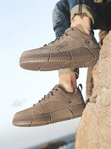 男士贴花前系带滑板鞋步行滑板鞋针织运动鞋系带厚底运动鞋男士街头服饰 - 卡其色 - 查看 5