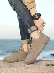 男士贴花前系带滑板鞋步行滑板鞋针织运动鞋系带厚底运动鞋男士街头服饰 - 卡其色 - 查看 6