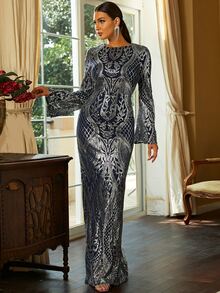 Missord 喇叭袖亮片拼接魚尾裙下擺正式連衣裙 - 銀色 - 查看 3