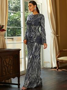 Missord 喇叭袖亮片拼接魚尾裙下擺正式連衣裙 - 銀色 - 查看 4