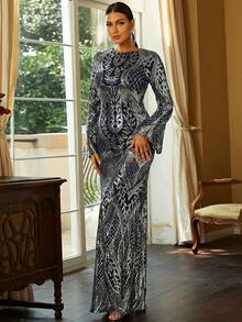 Missord 喇叭袖亮片拼接魚尾裙下擺正式連衣裙 - 銀色 - 查看 6